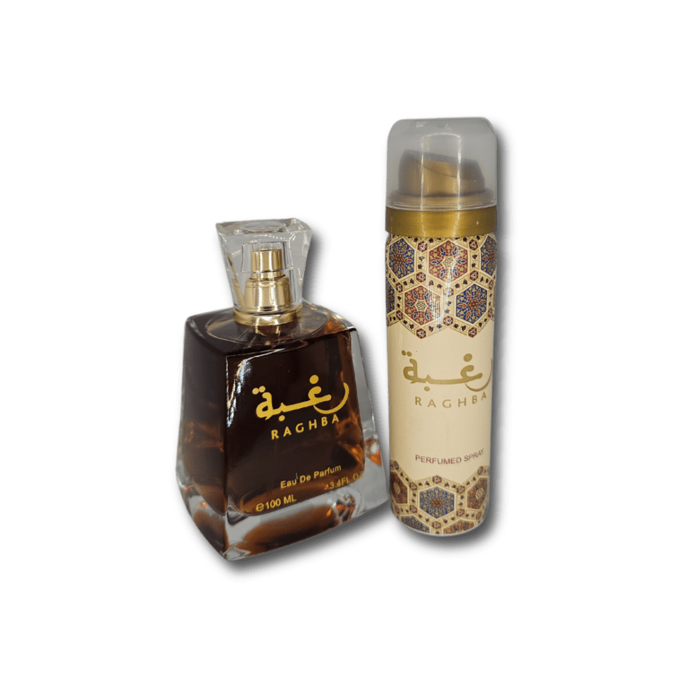 Lattafa Raghba Perfume Bottle and deodorant