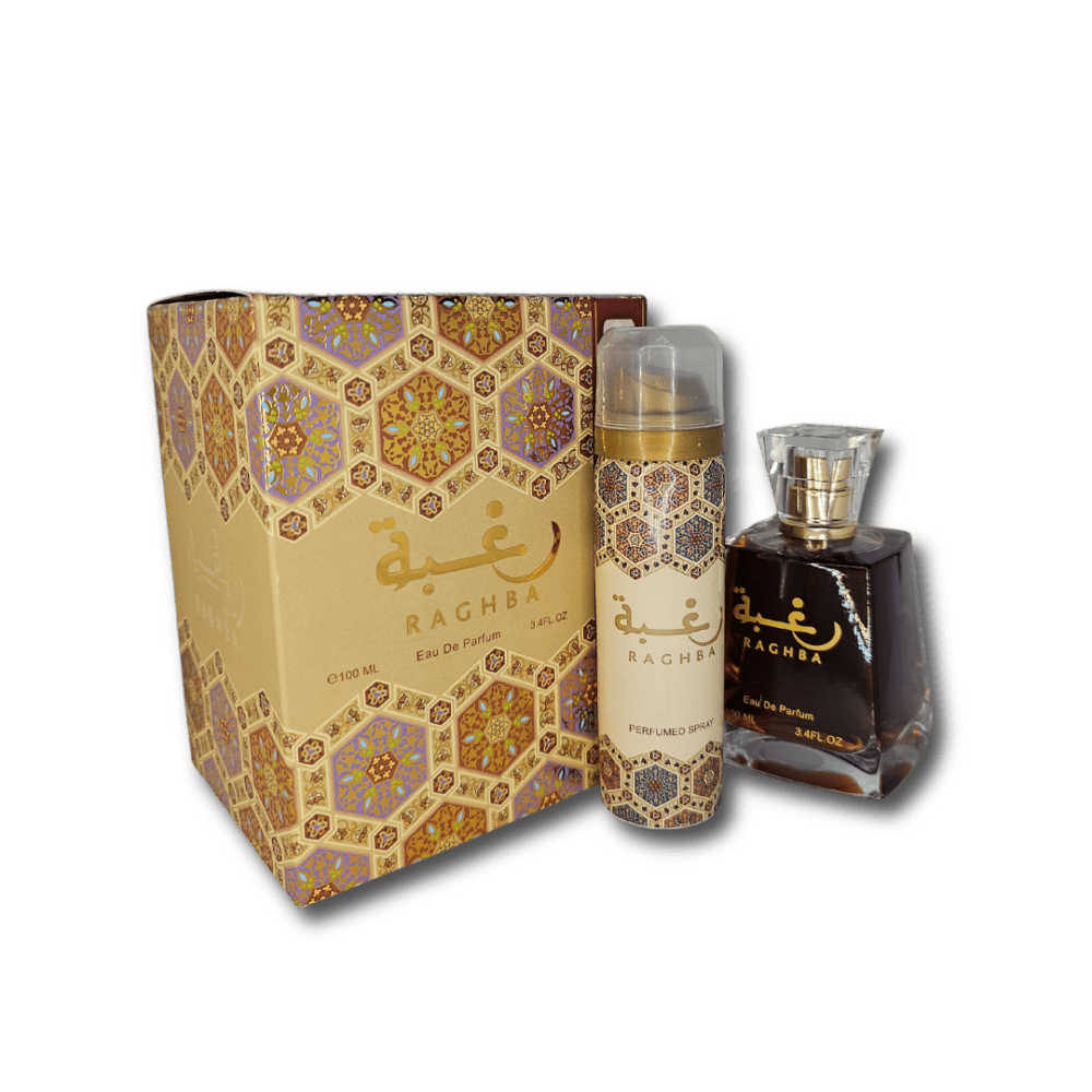 Lattafa Raghba Perfume Bottle and deodorant Box