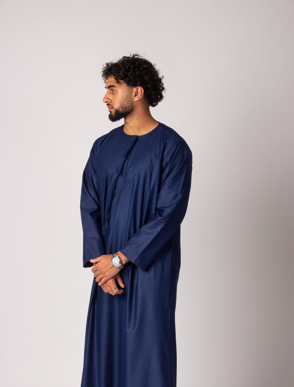 Matt Dark Blue Mens Emirati Thobe Looking Right