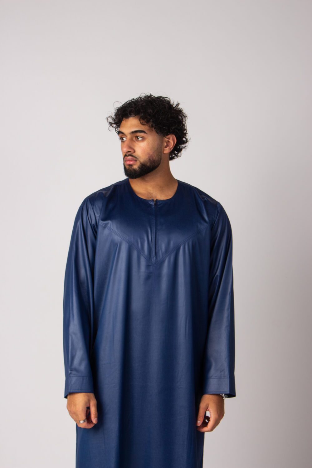 Shiny Dark Blue Mens Omani Thobe Looking Forward