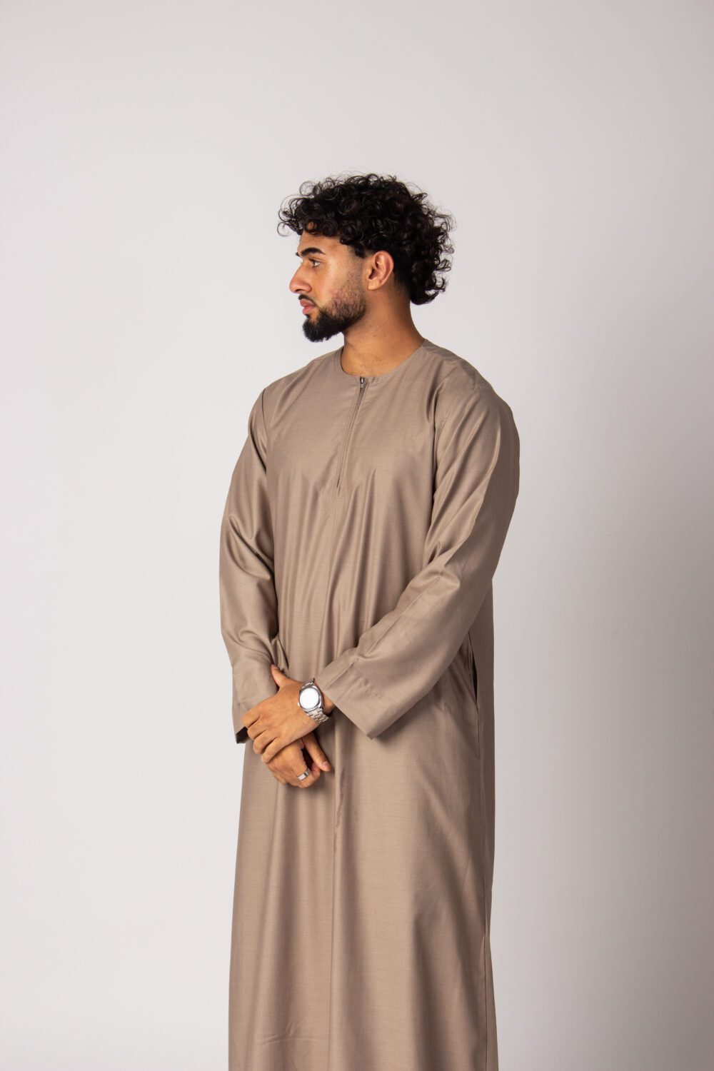 Matt Dark Beige Mens Omani Thobe Looking Right