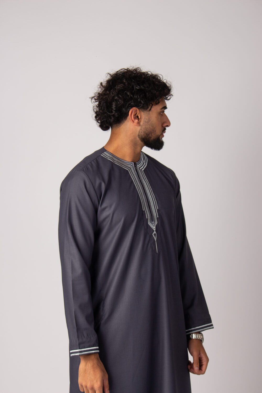 Matt Grey Mens Embroidery Thobe Looking Left