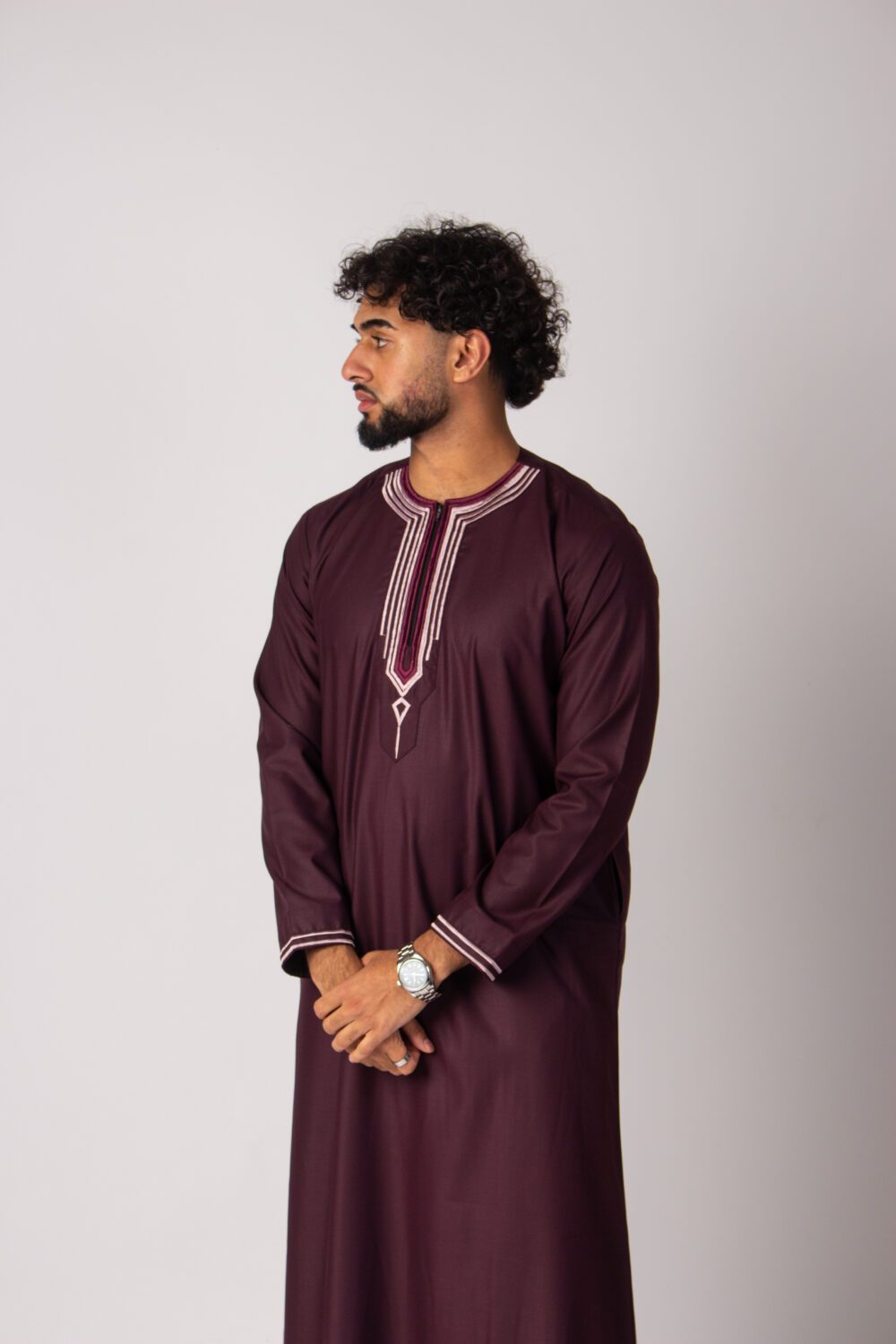 Matt Maroon Mens Embroidery Thobe Looking Right