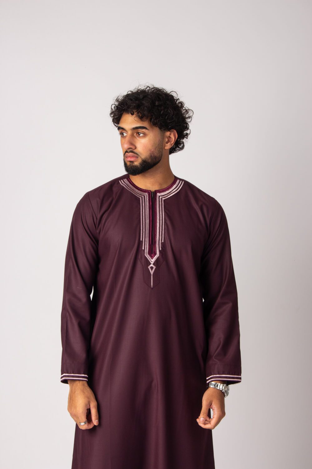 Matt Maroon Mens Embroidery Thobe Looking Forward