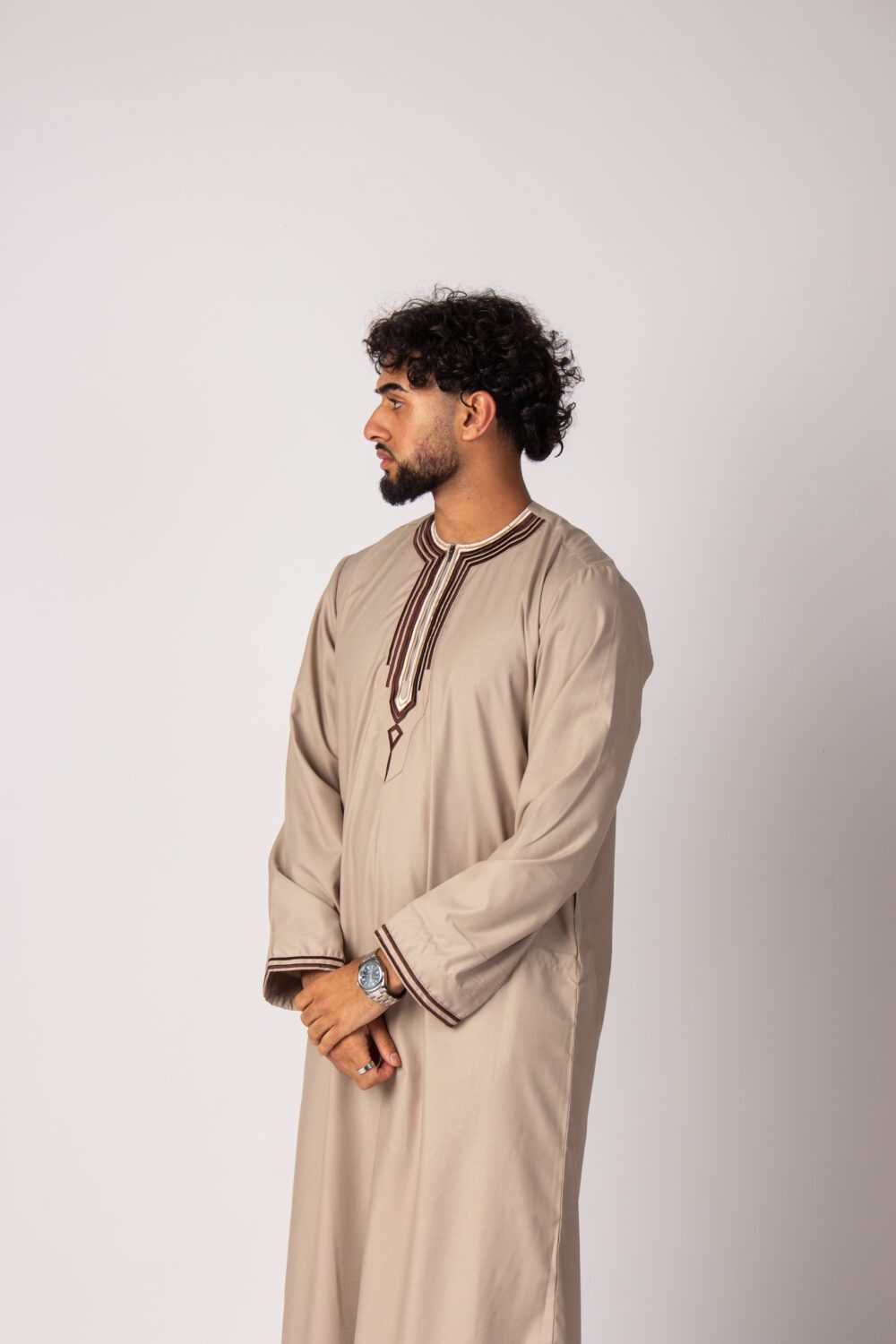 Matt Beige Mens Embroidery Thobe Looking Right