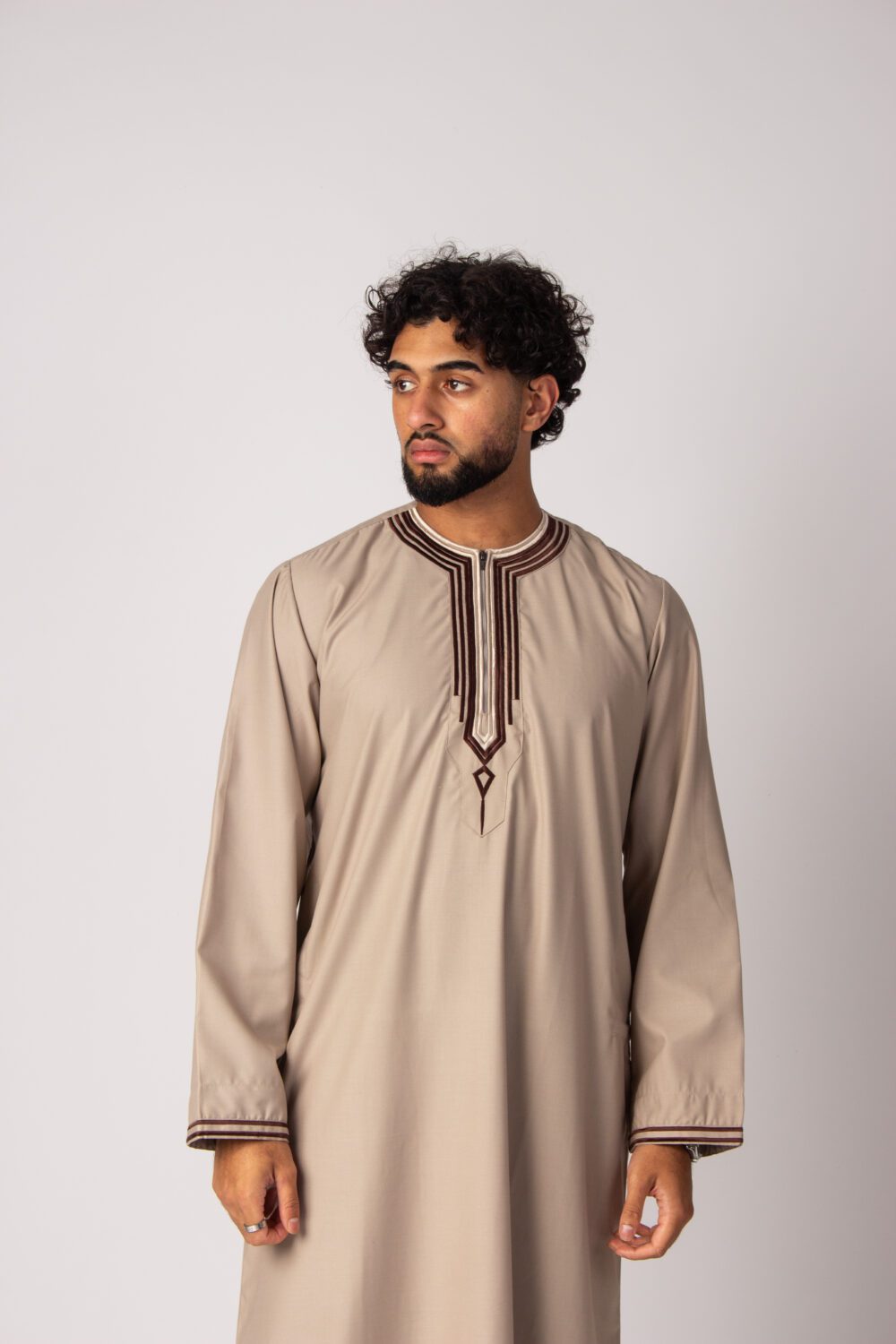 Matt Beige Mens Embroidery Thobe Looking Forward