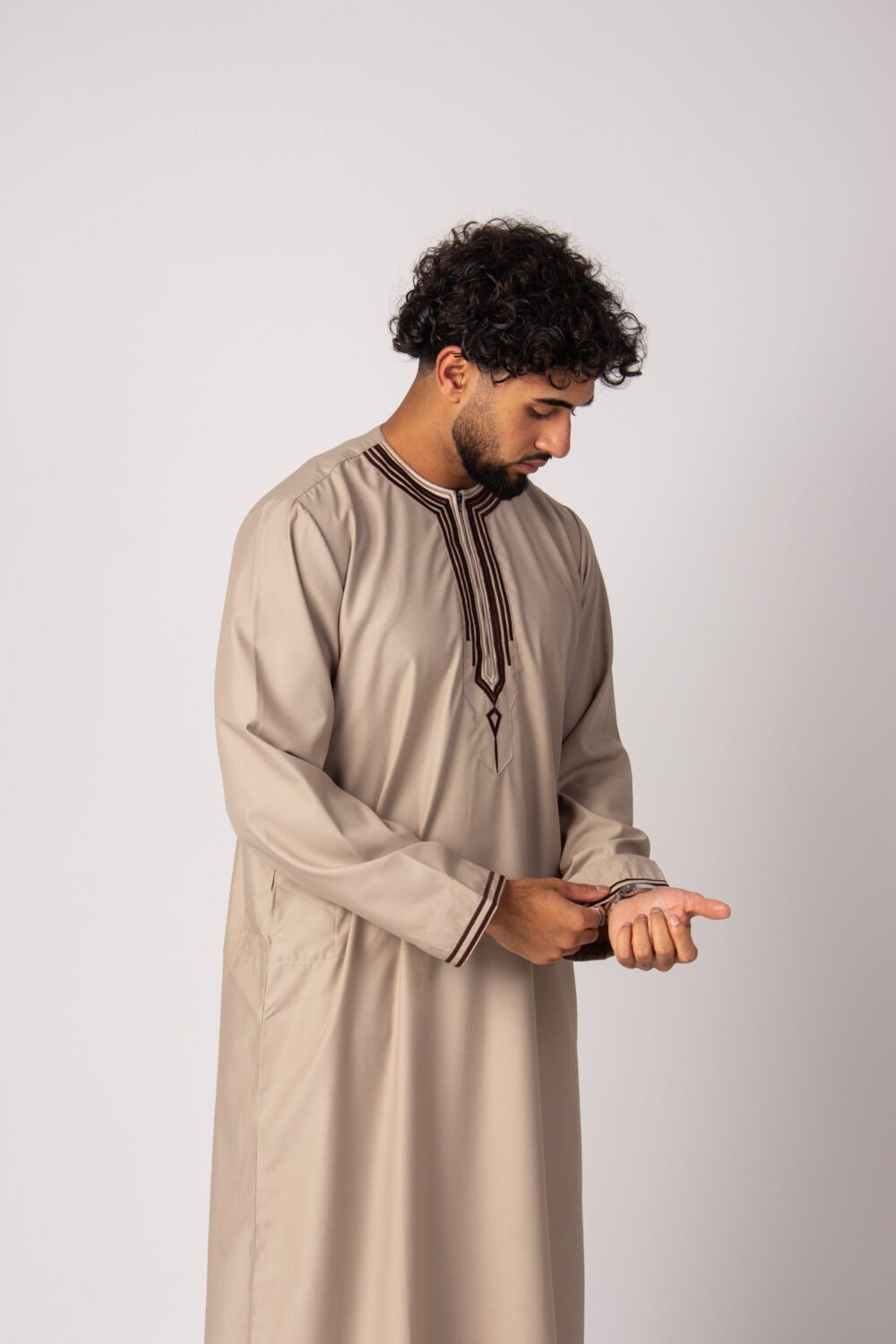 Matt Beige Mens Embroidery Thobe Sleeve