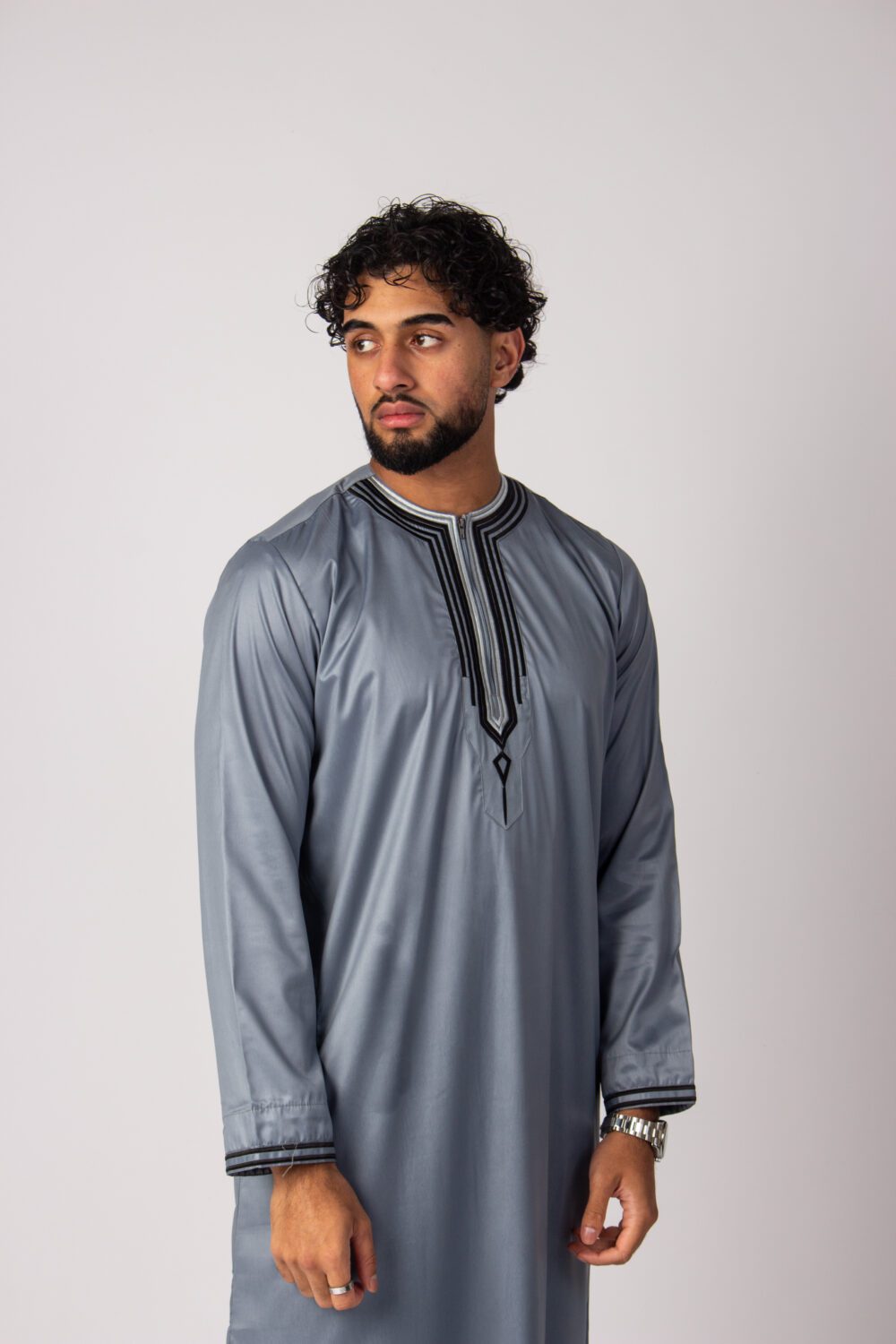 Shiny Grey Mens Embroidery Thobe Looking Forward