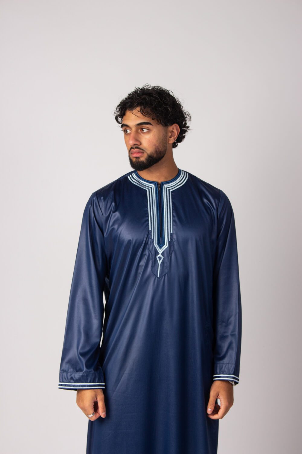 Shiny Dark Blue Mens Embroidery Thobe Looking Forward