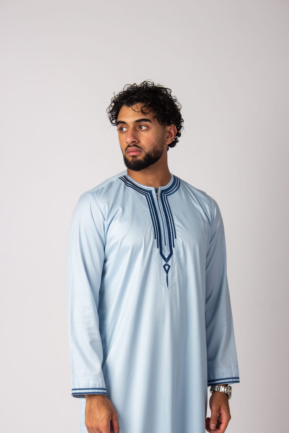 Shiny Baby Blue Mens Embroidery Thobe Looking Forward