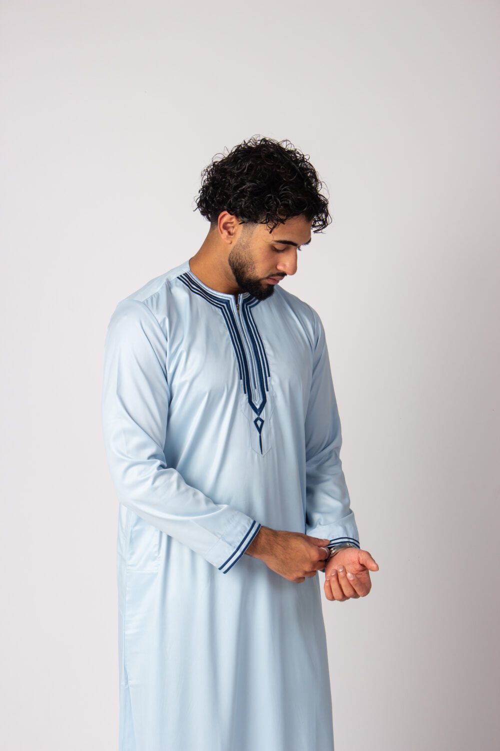 Shiny Baby Blue Mens Embroidery Thobe Sleeve