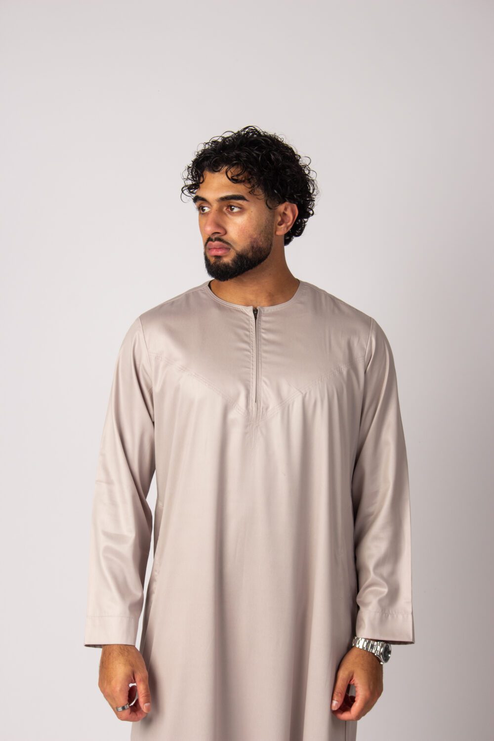 Shiny Beige Mens Omani Thobe Looking Forward