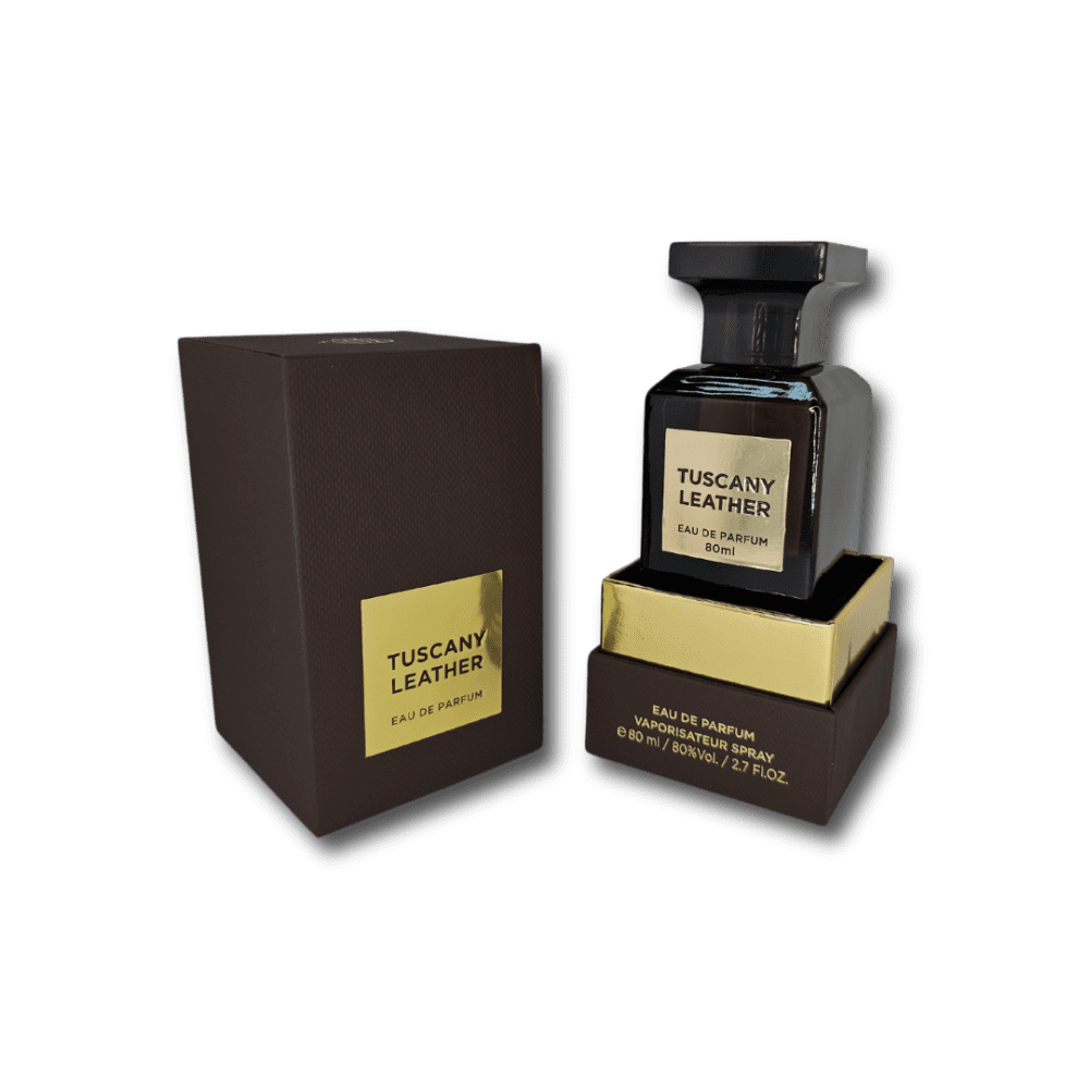 Fragrance World Tuscany Leather Perfume box open