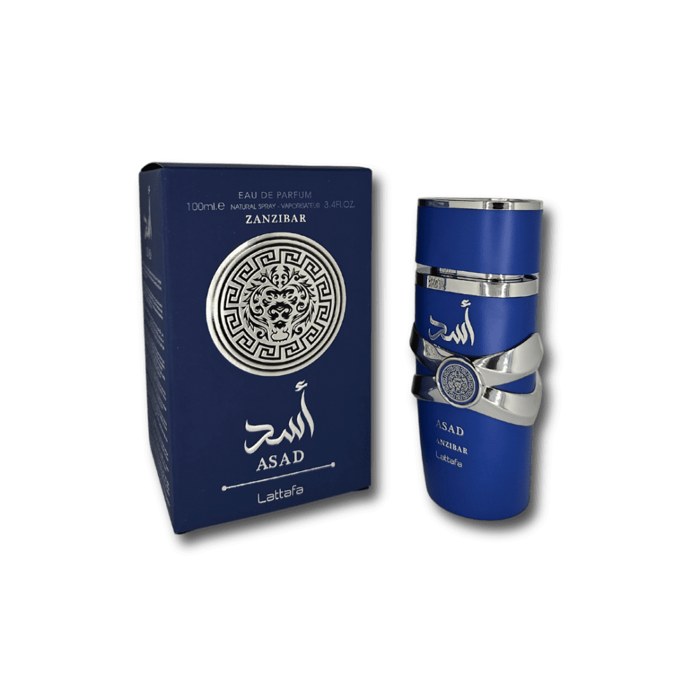 Lattafa Asad Blue Zanzibar Perfume Bottle and Box